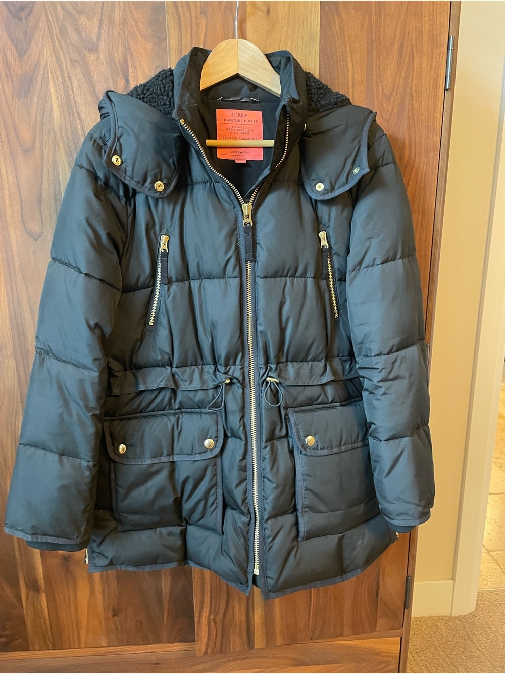 J. Crew Black Quilted Puffer Jacket with Hood and Gold Hardware